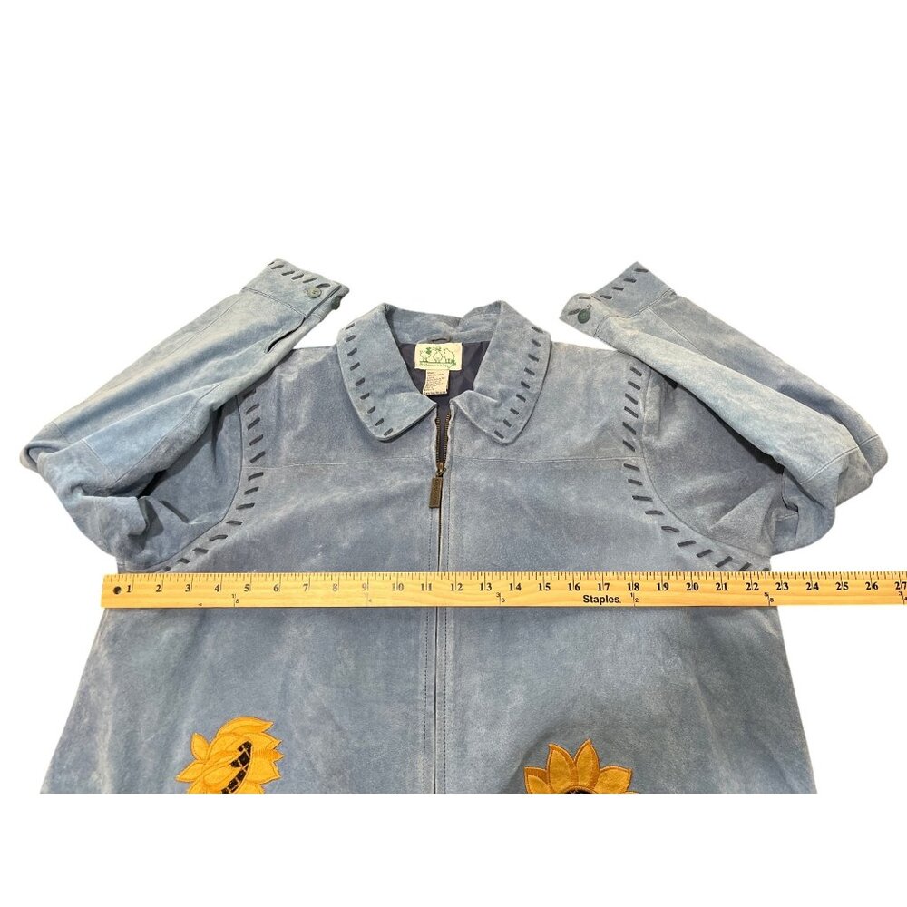 Quacker Factory Blue Suede Jacket Embroidered Sunflowers Vtg Full-Zip Size L - Picture 6 of 9